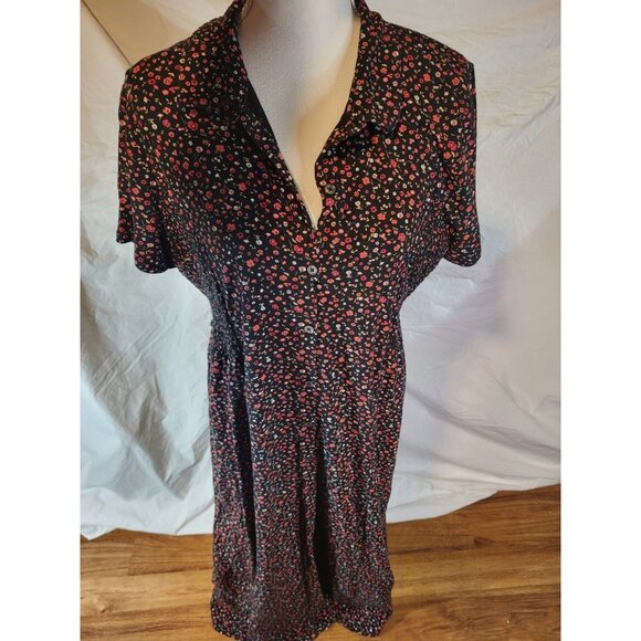 J Jill Size XL Black Red Floral Maxi Dress Full Button Jersey Tie Back - Picture 1 of 6